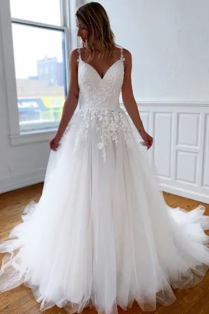 A Line V Neck Open Back White Lace Long Wedding Dress, White Lace Long Formal Graduation Evening Dress