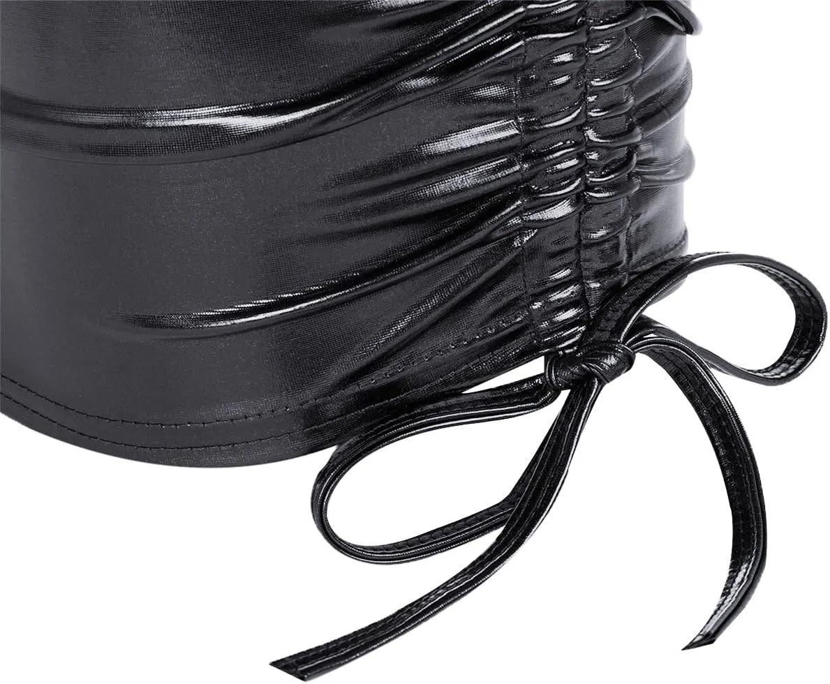 ABAFIP Women Metallic Shiny Mini Skirt Leather Low Rise Side Ruched Adjustable Bodycon Mini Skirt Clubwear