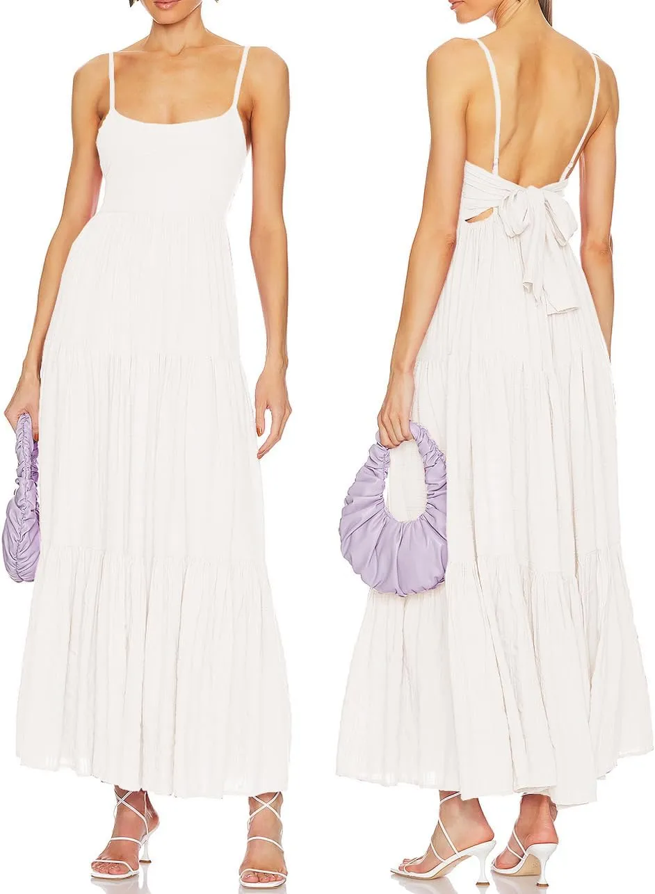 ALENDA DANMOS Women's Spaghetti Straps Maxi Dress Flowy Pleated Swing Beach Long Dress Low Backless Sundress 189