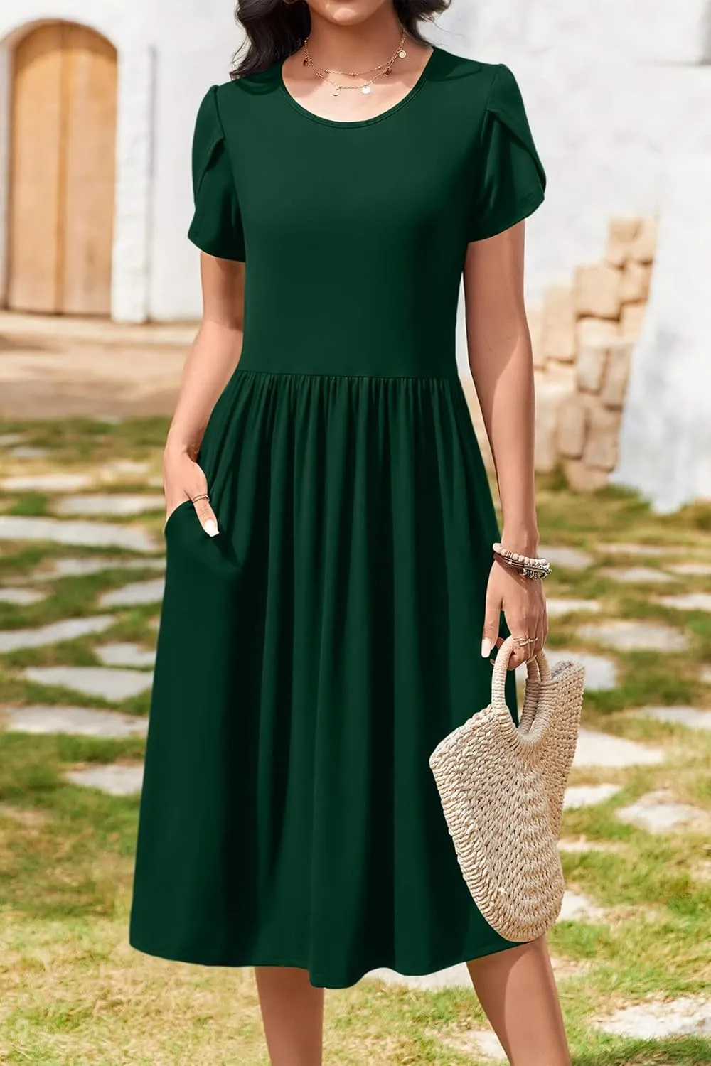 AOMONI Short Sleeve Casual Summer Dress A Line Round Neck Midi Dresses for Women Wedding Guest Dress with Pockets