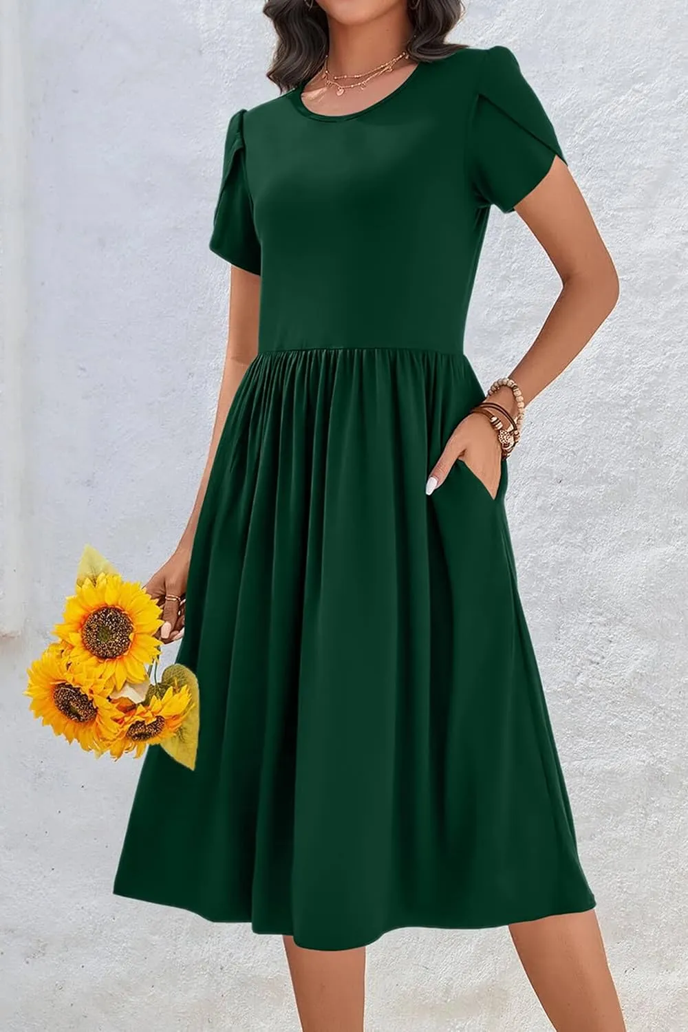 AOMONI Short Sleeve Casual Summer Dress A Line Round Neck Midi Dresses for Women Wedding Guest Dress with Pockets