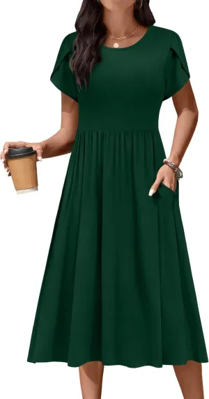 AOMONI Short Sleeve Casual Summer Dress A Line Round Neck Midi Dresses for Women Wedding Guest Dress with Pockets