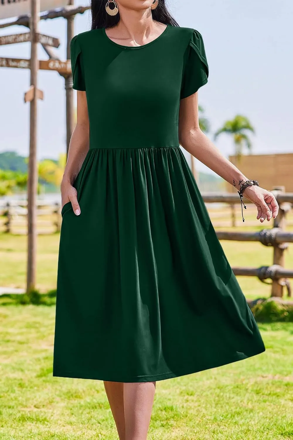 AOMONI Short Sleeve Casual Summer Dress A Line Round Neck Midi Dresses for Women Wedding Guest Dress with Pockets