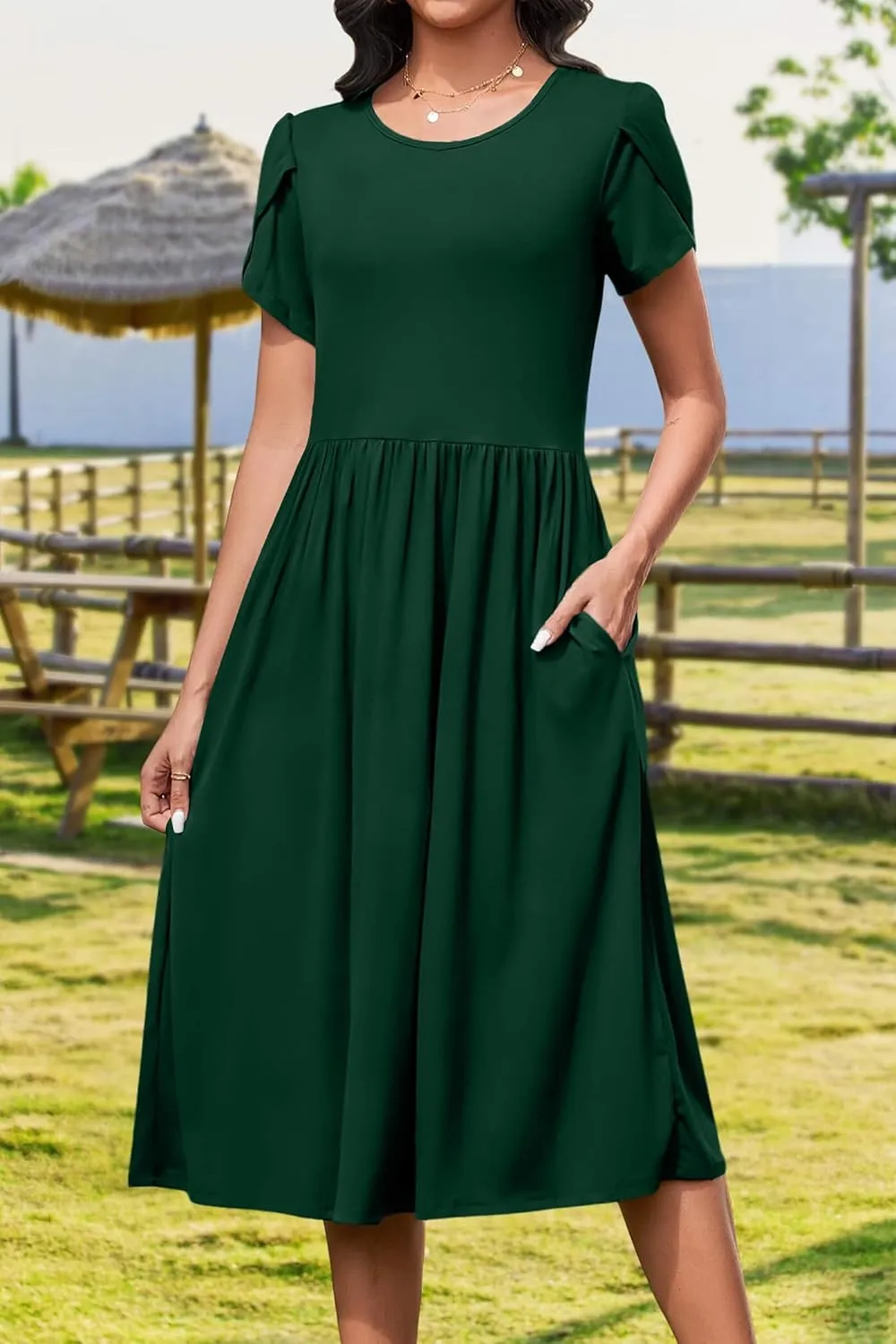 AOMONI Short Sleeve Casual Summer Dress A Line Round Neck Midi Dresses for Women Wedding Guest Dress with Pockets