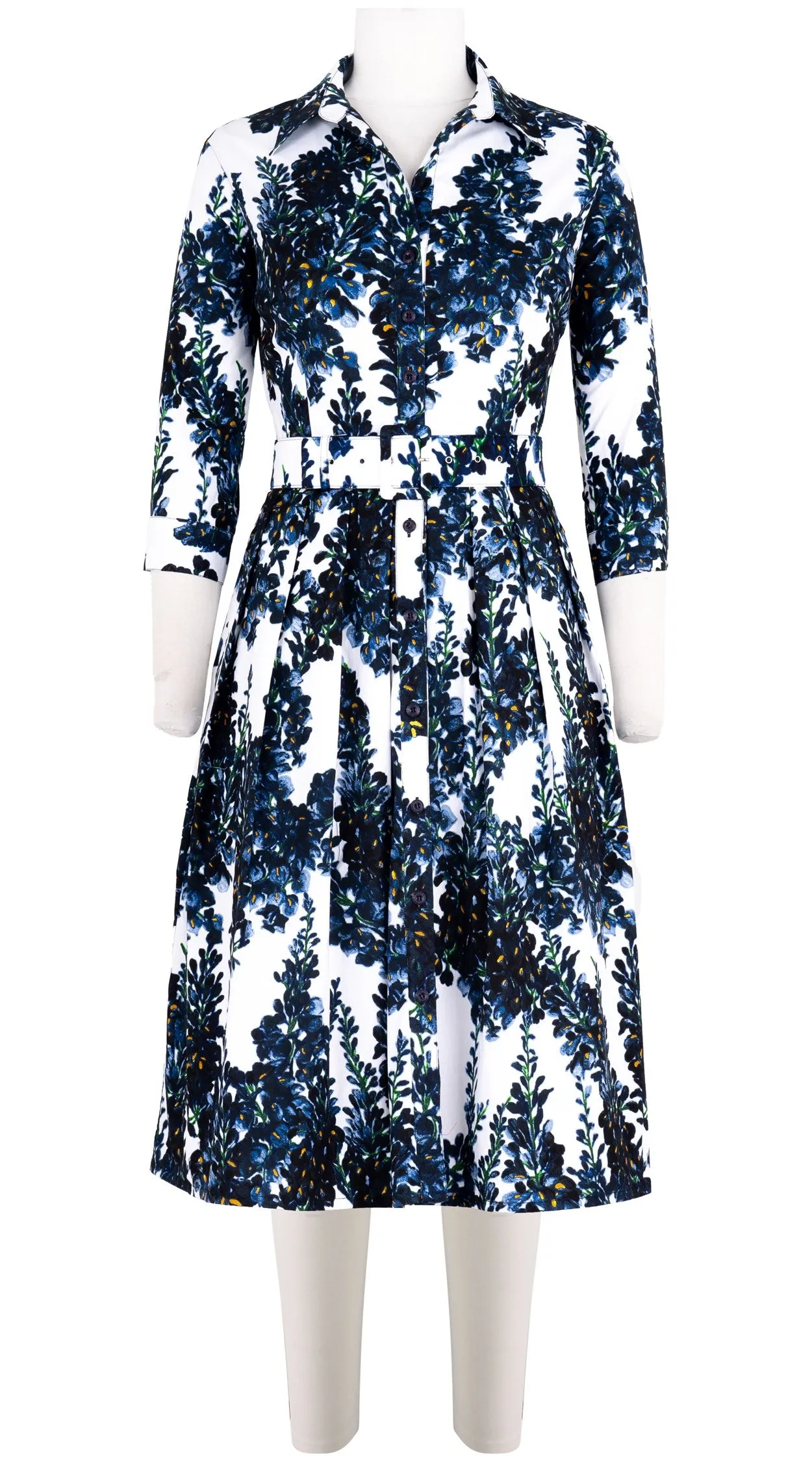 Audrey Dress #1 Shirt Collar 3/4 Sleeve Long Length Cotton Stretch (Wisteria Blossom)