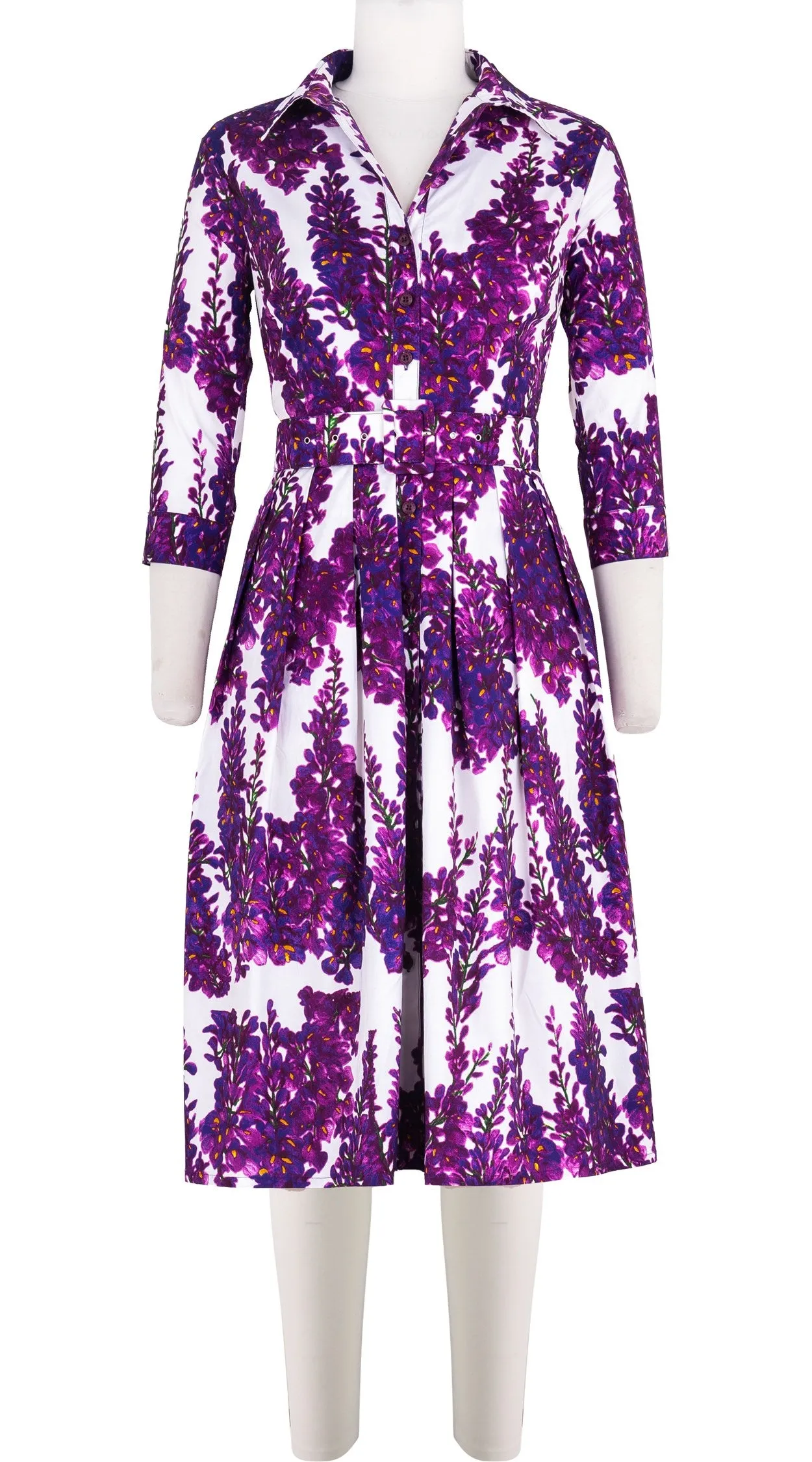 Audrey Dress #1 Shirt Collar 3/4 Sleeve Long Length Cotton Stretch (Wisteria Blossom)