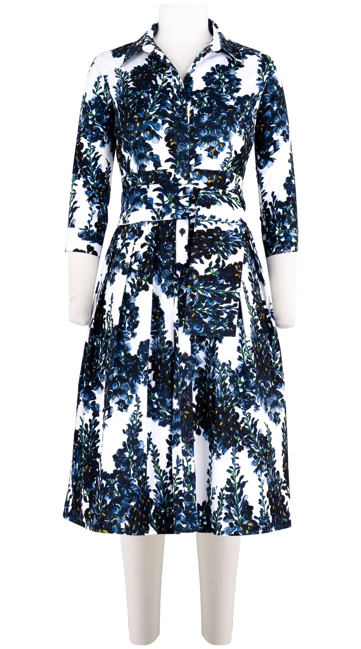 Audrey Dress #1 Shirt Collar 3/4 Sleeve Long Length Cotton Stretch (Wisteria Blossom)