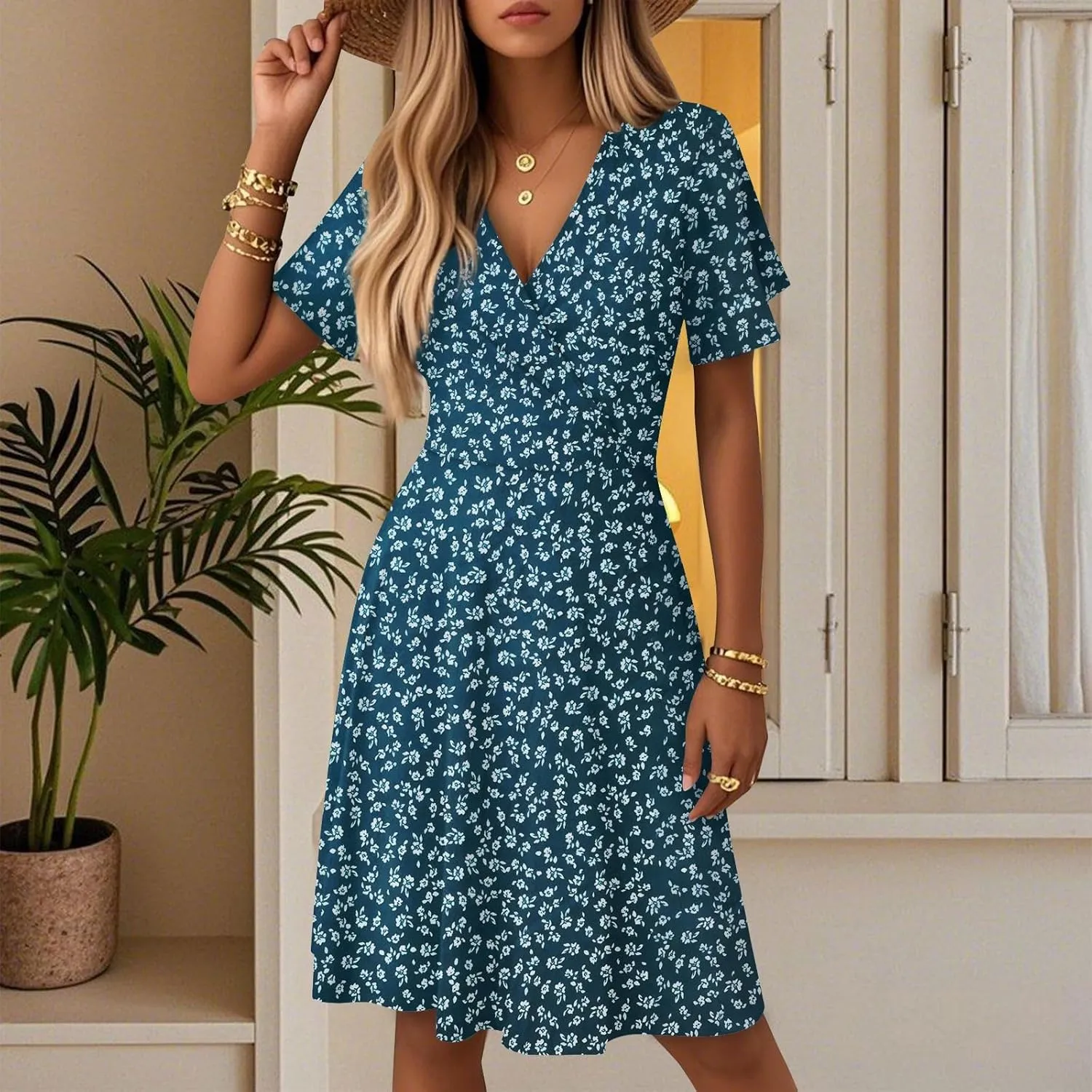 Beach Dresses for Women 2025 Vacation Knee Length Dress Summer Short Sleeve Modest V Neck Floral Bell Dress