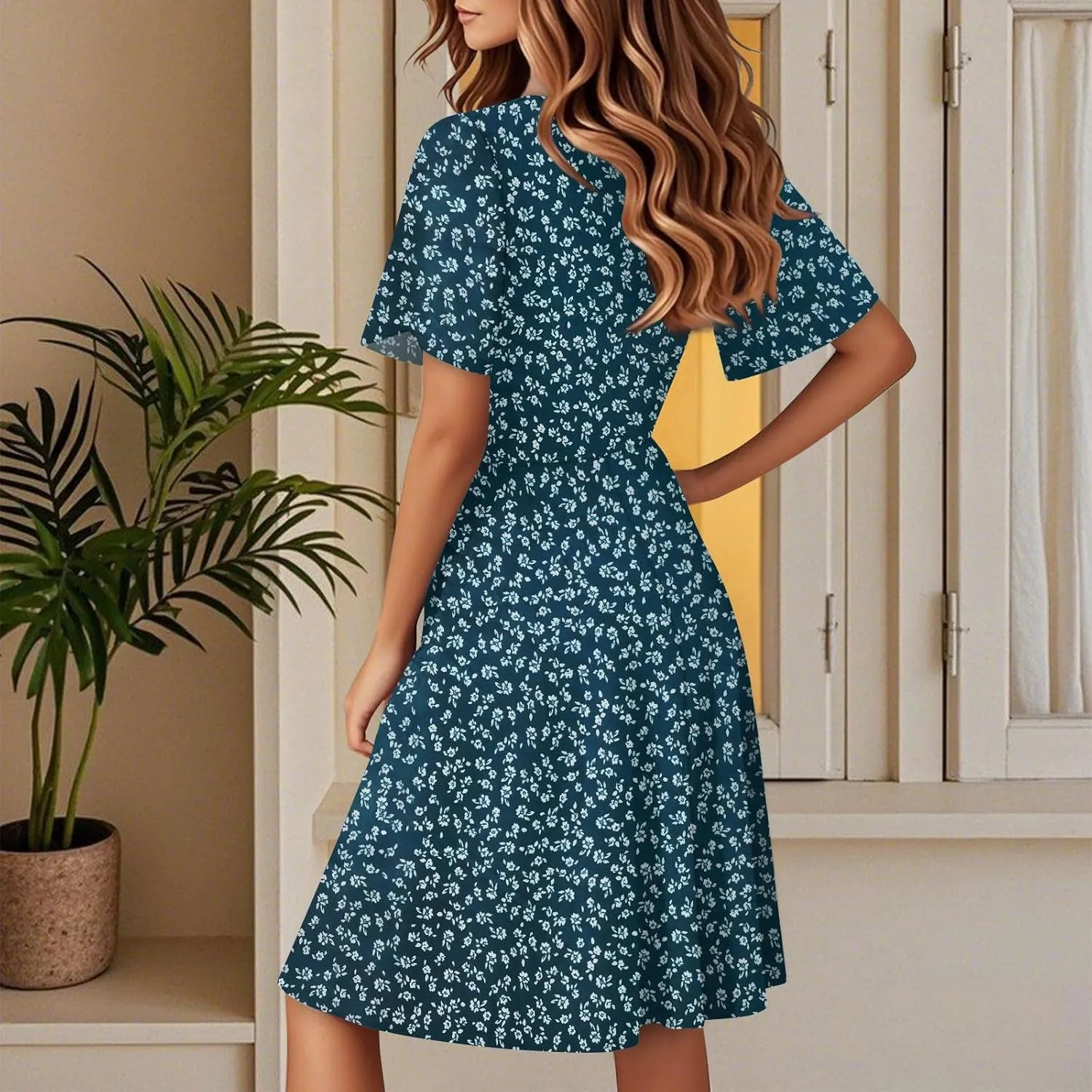 Beach Dresses for Women 2025 Vacation Knee Length Dress Summer Short Sleeve Modest V Neck Floral Bell Dress