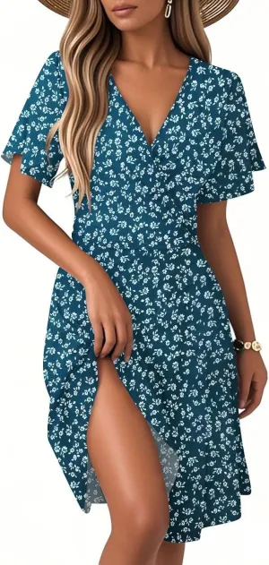 Beach Dresses for Women 2025 Vacation Knee Length Dress Summer Short Sleeve Modest V Neck Floral Bell Dress