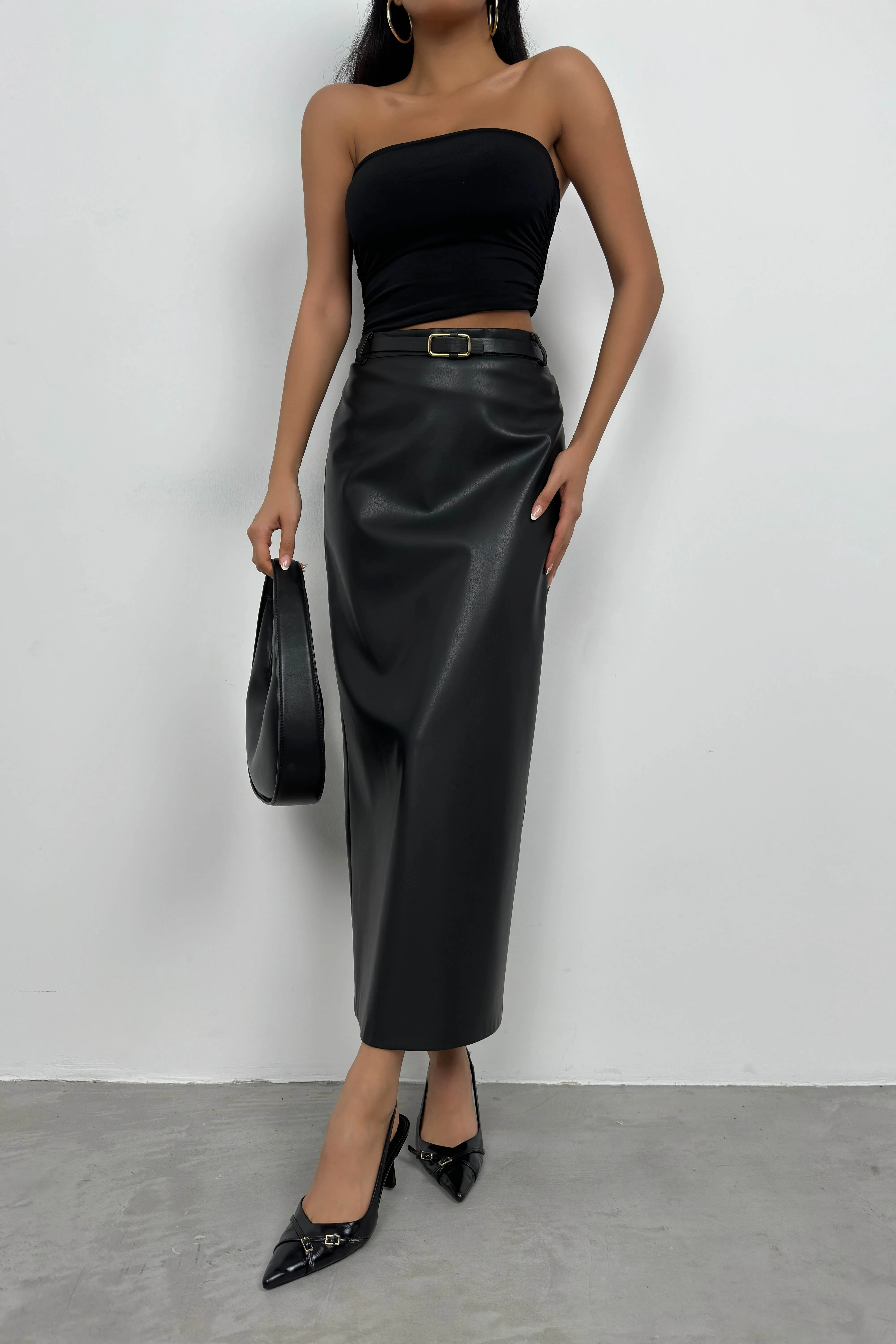 Belt Detail Leather Skirt