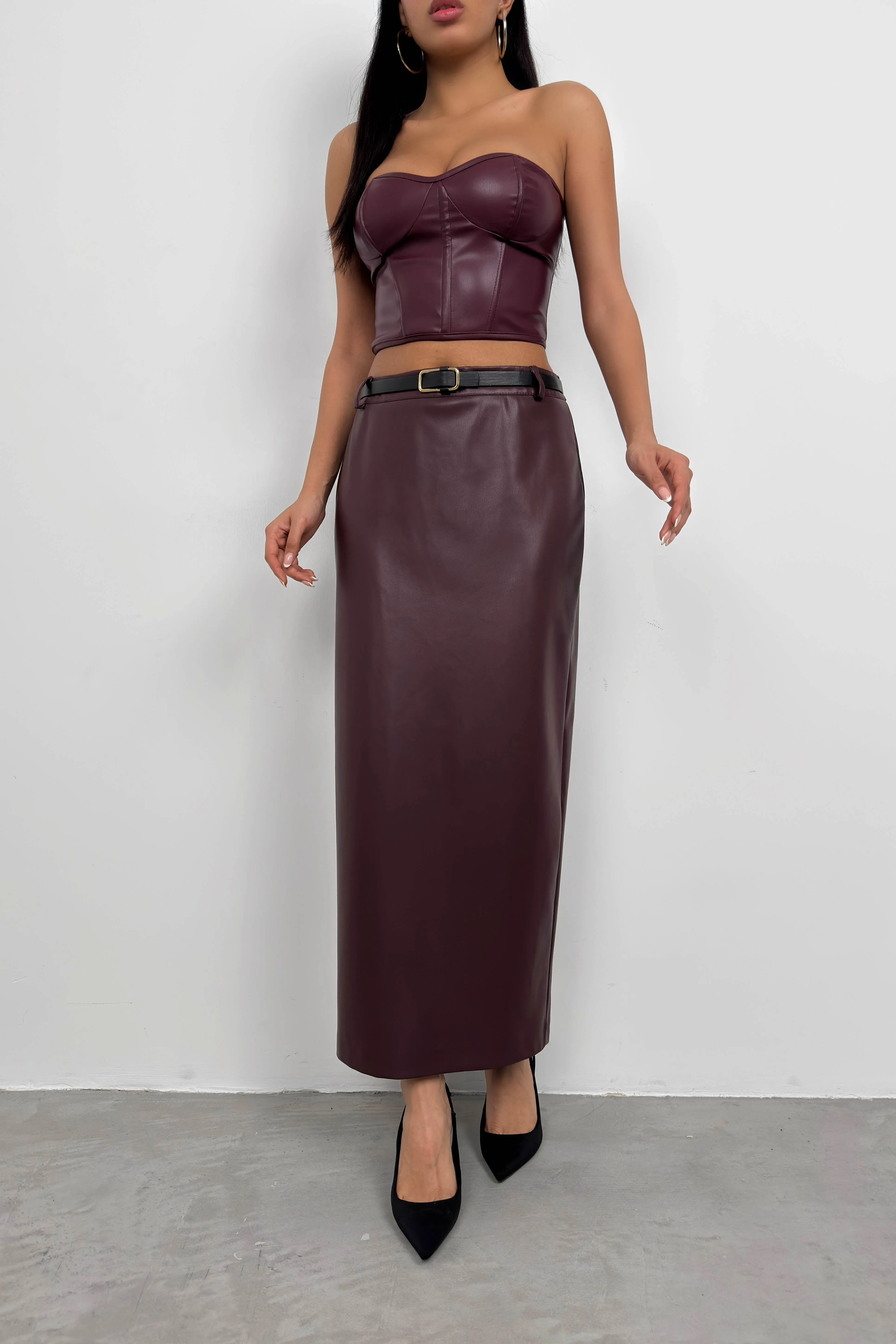 Belt Detail Leather Skirt
