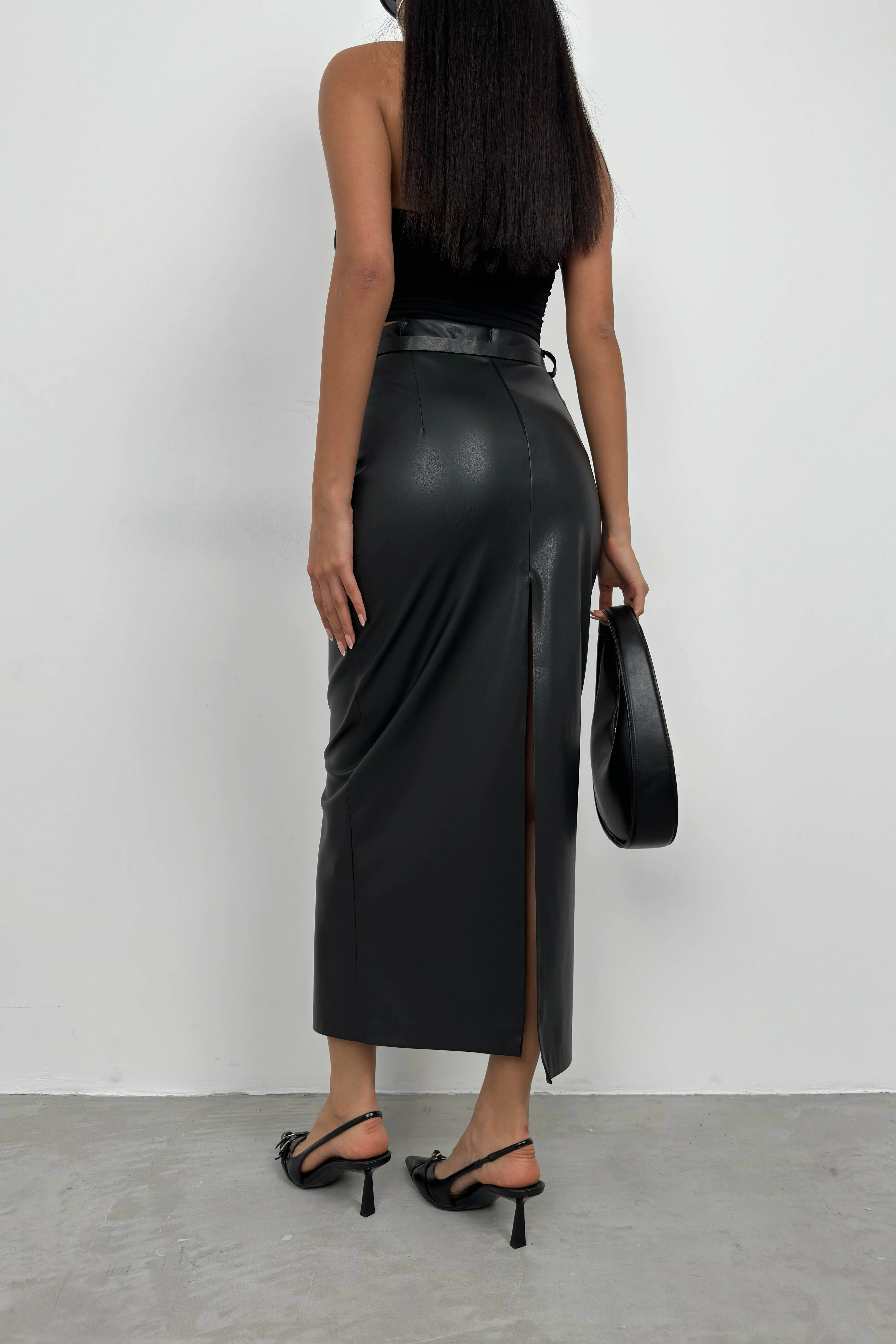 Belt Detail Leather Skirt