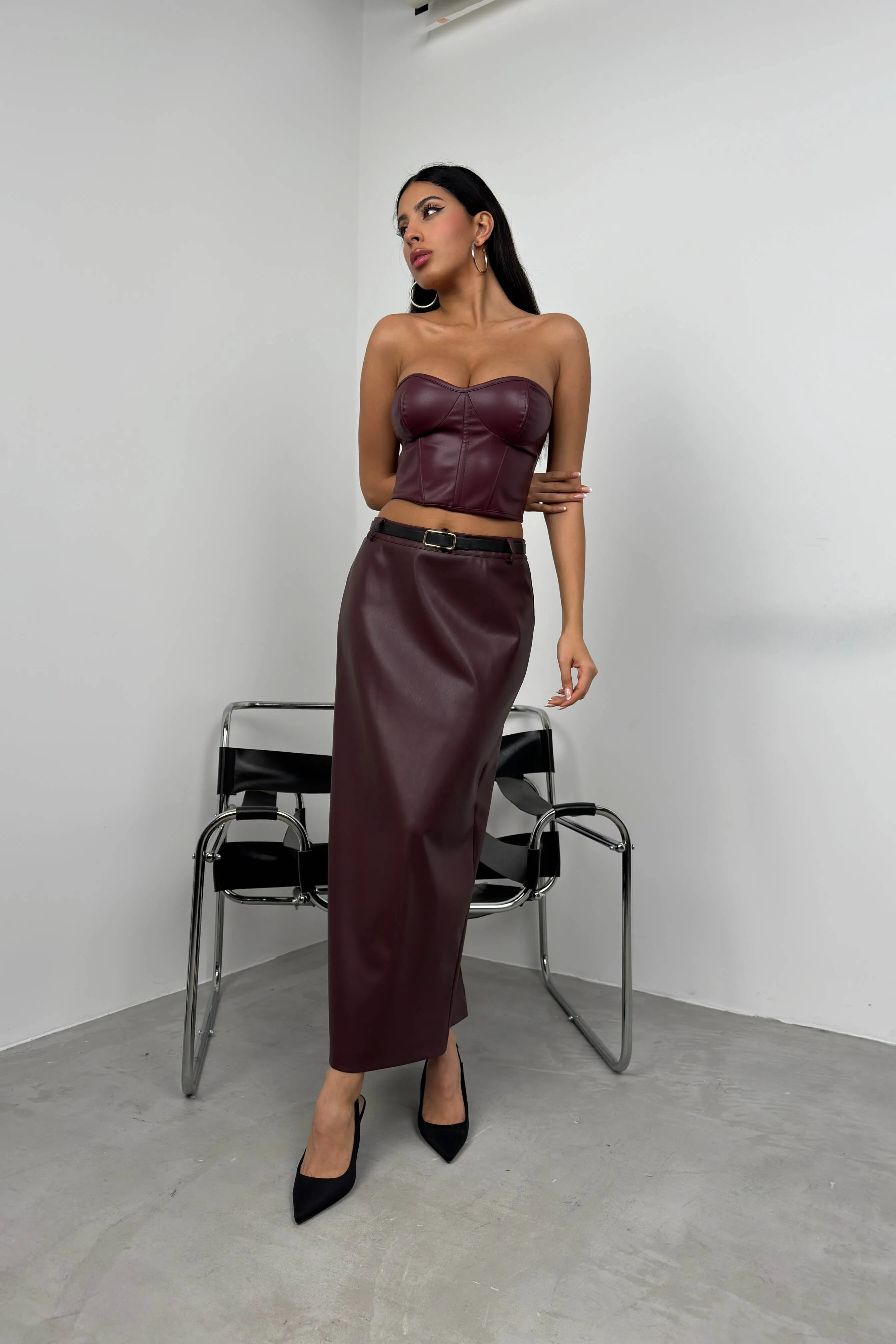 Belt Detail Leather Skirt