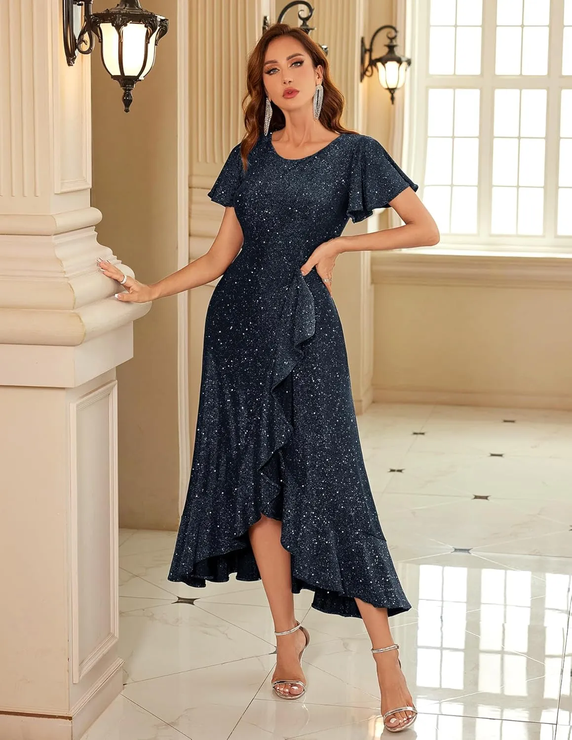 BeryLove Women Sequin Formal Party Dress Flutter Short Sleeve Wedding Cocktail Long Evening Dress