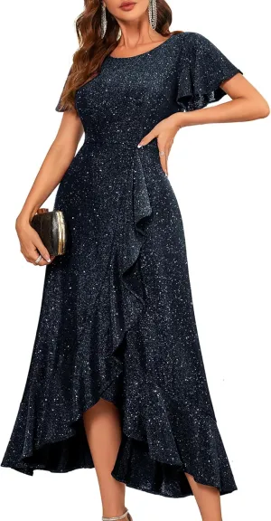 BeryLove Women Sequin Formal Party Dress Flutter Short Sleeve Wedding Cocktail Long Evening Dress