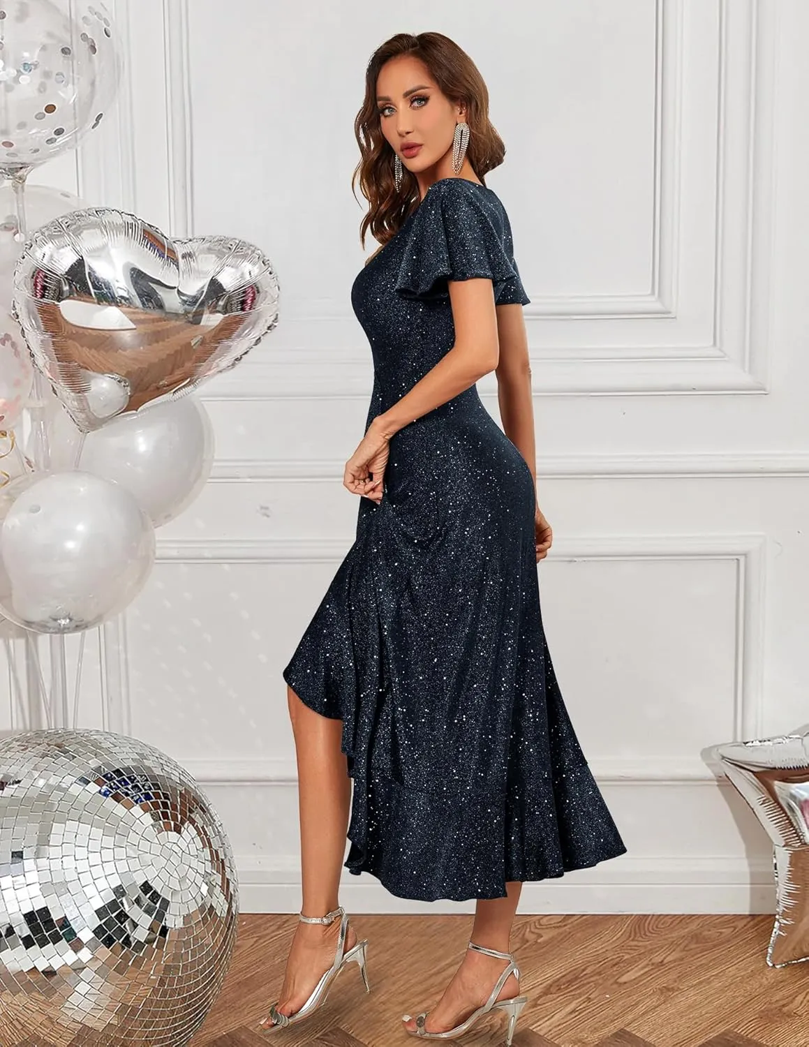 BeryLove Women Sequin Formal Party Dress Flutter Short Sleeve Wedding Cocktail Long Evening Dress