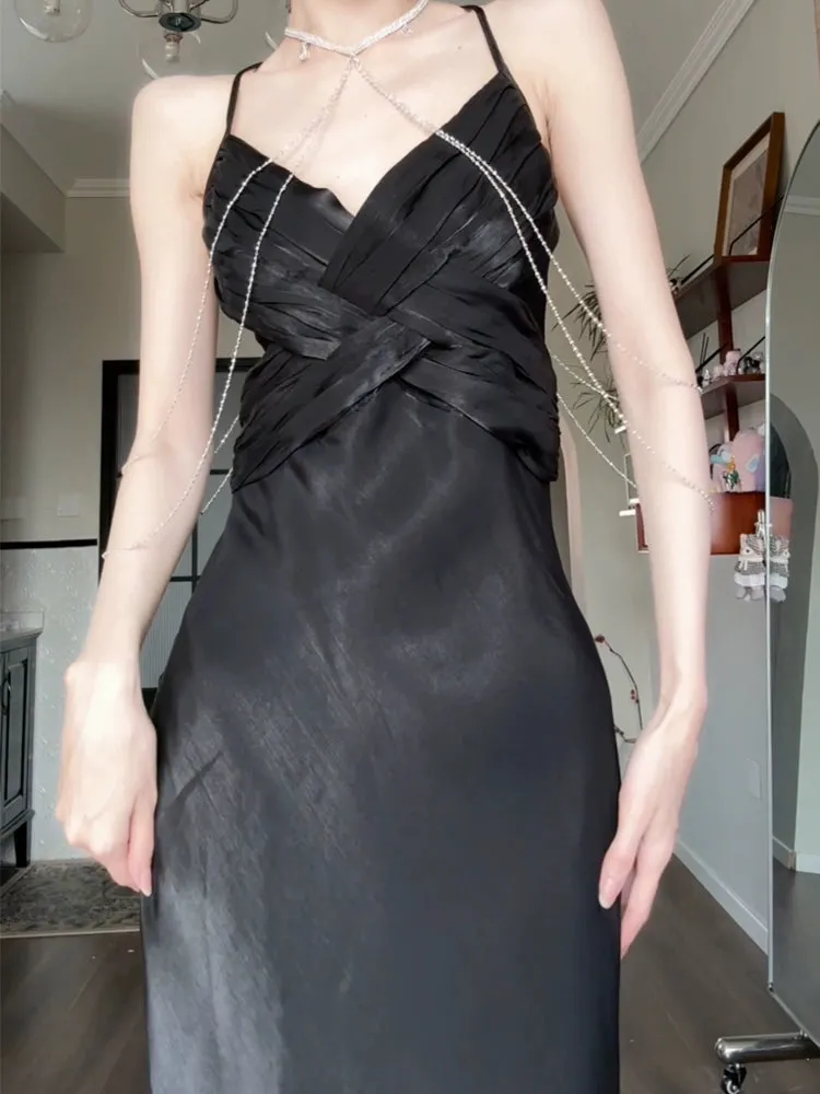 black dress for women satin long party dress       S5978