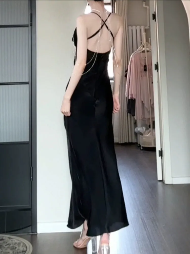 black dress for women satin long party dress       S5978