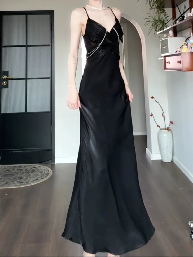 black dress for women satin long party dress       S5978