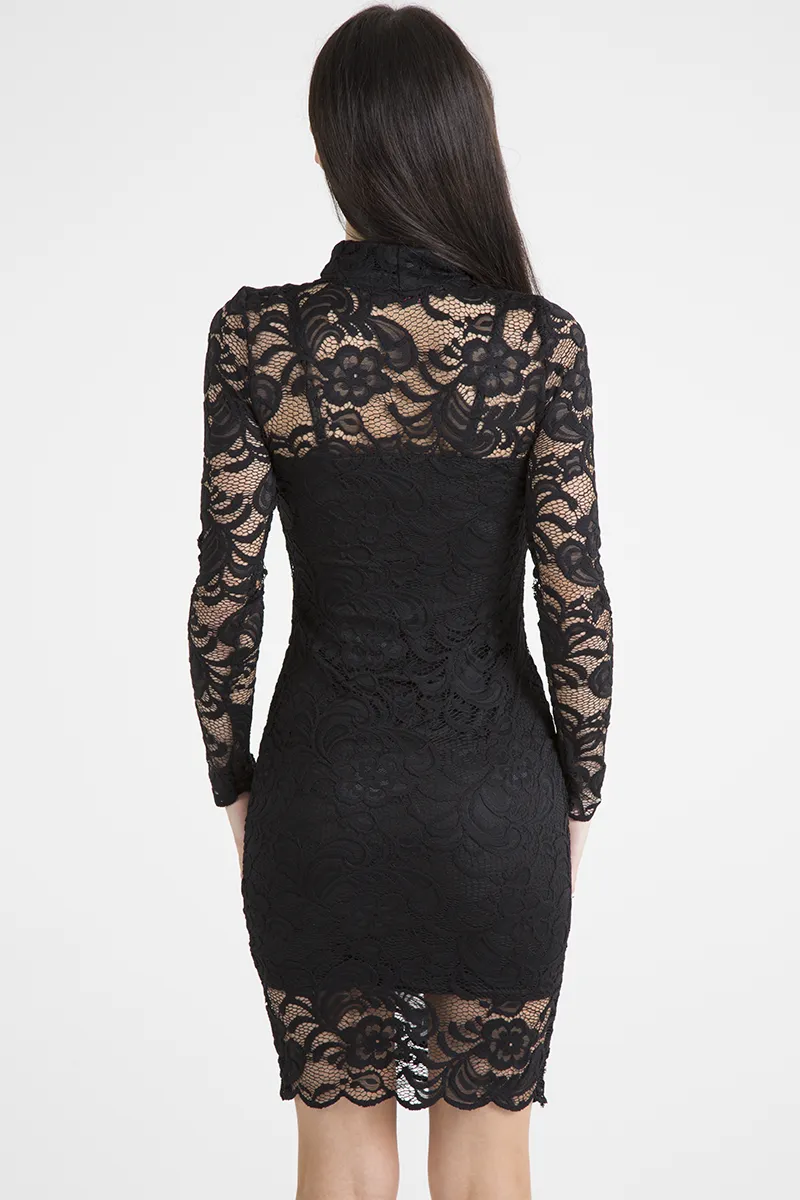 Black Lace High Neck Cut Out Dress - Bailey