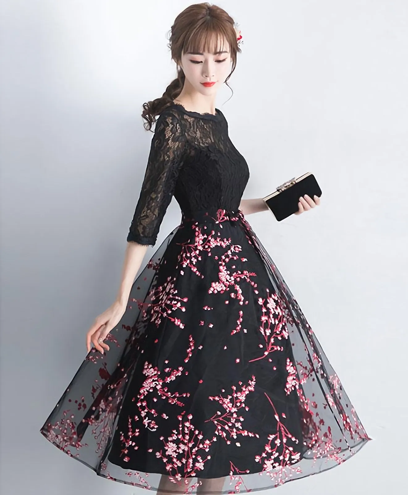 Black Lace Tulle Short Prom Dress Black Lace Bridesmaid Dress