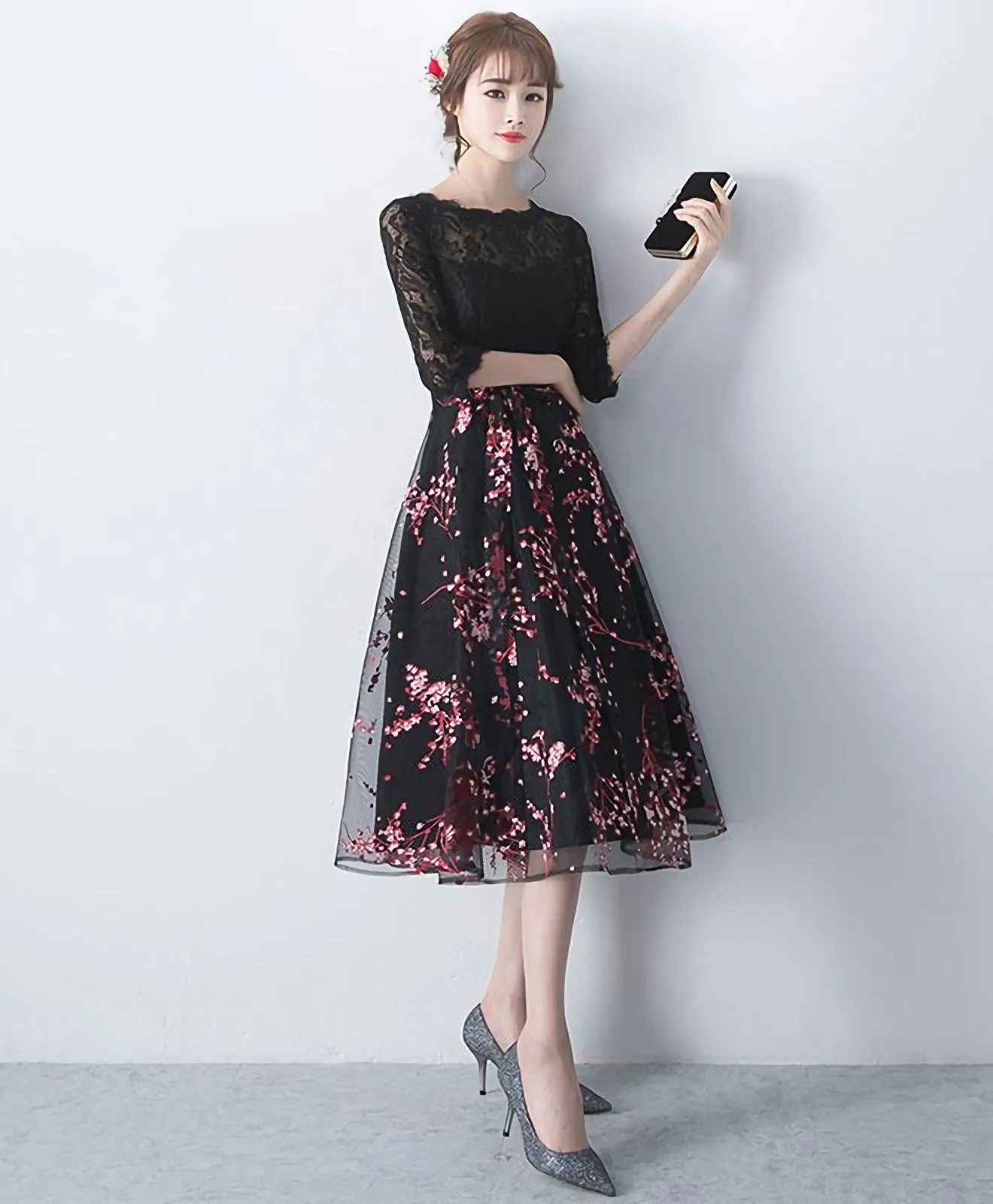 Black Lace Tulle Short Prom Dress Black Lace Bridesmaid Dress