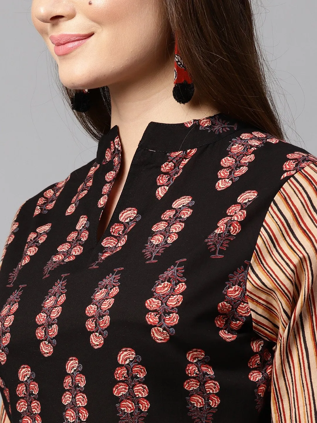 Black printed 3/4th sleeve blouse with black printed flared skirt