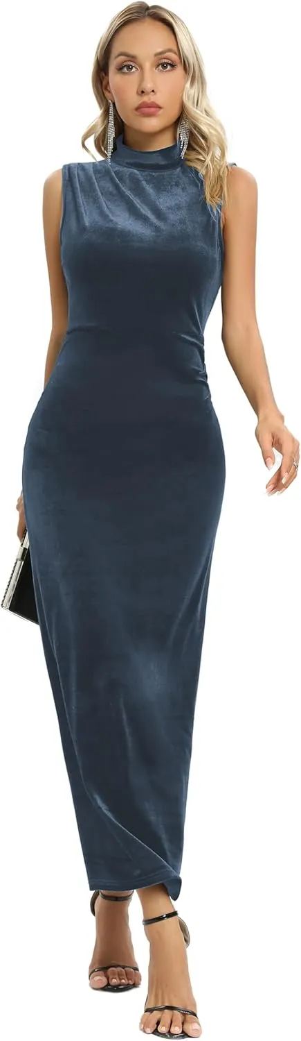 Capuffy Women Backless Velvet Maxi Dress Back Slit Ruched Bodycon Formal Dress High Neck Cocktail Party Dress 091