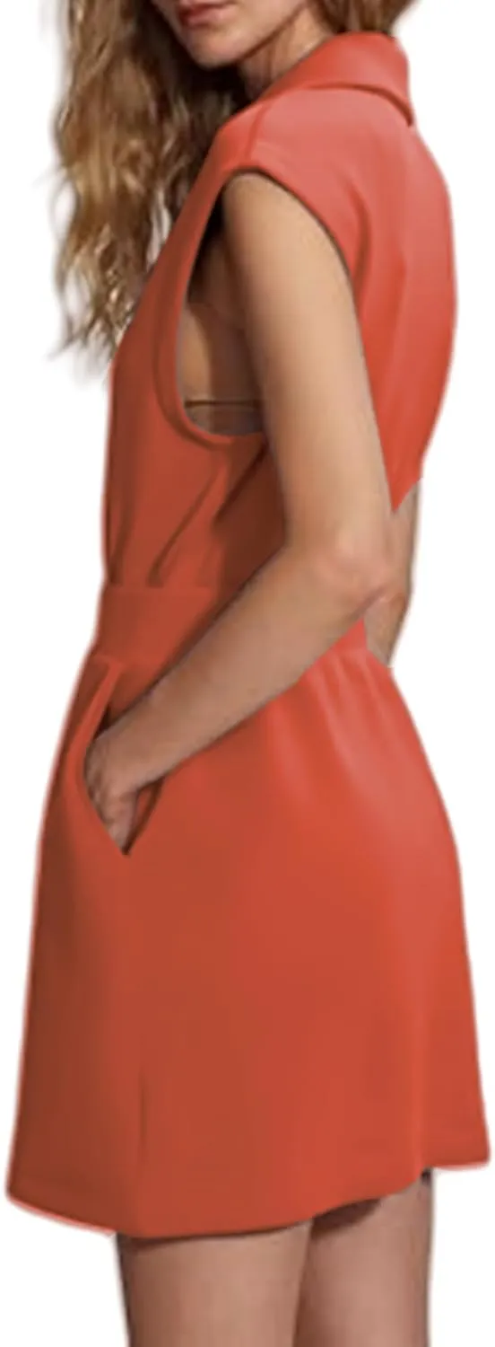 Casual Mini Dress for Women Summer Loose Lapel Zip Up Sleeveless Tank Dresses Workout Tunic Work Dress with Pockets