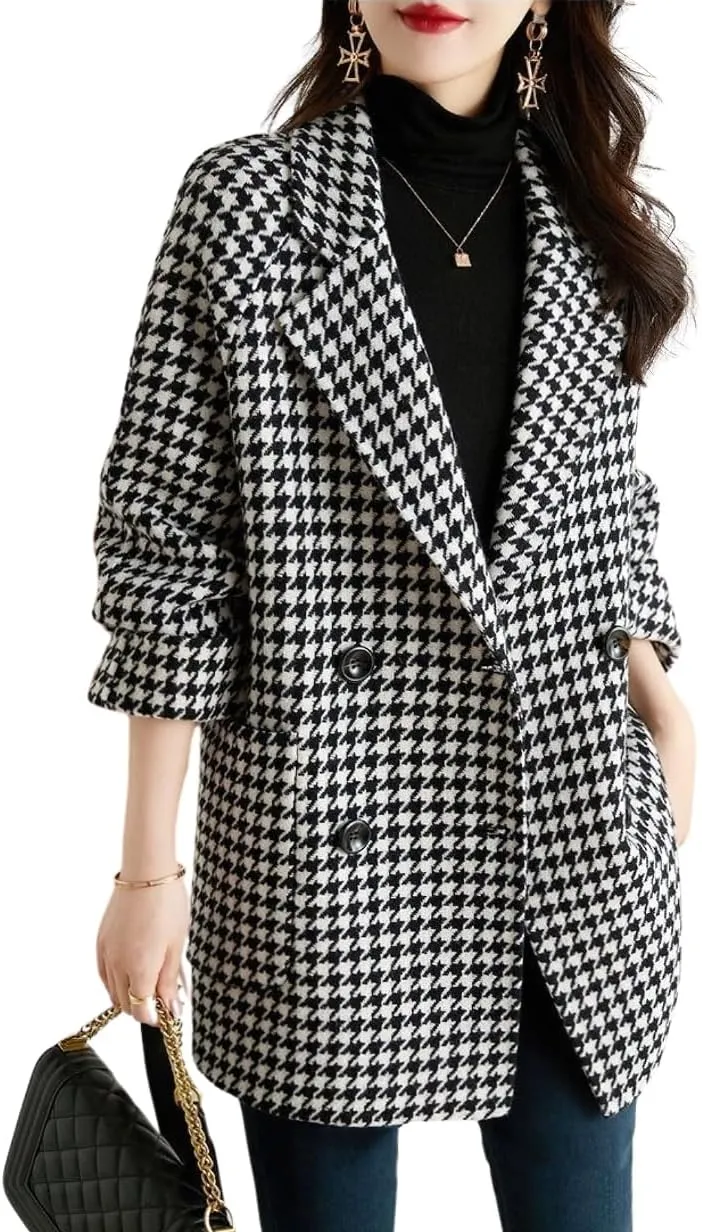 chouyatou Womens Fall Winter Casual Business Plaid Wool Coat Loose Double Breasted Dressy Blazer Pea Coat