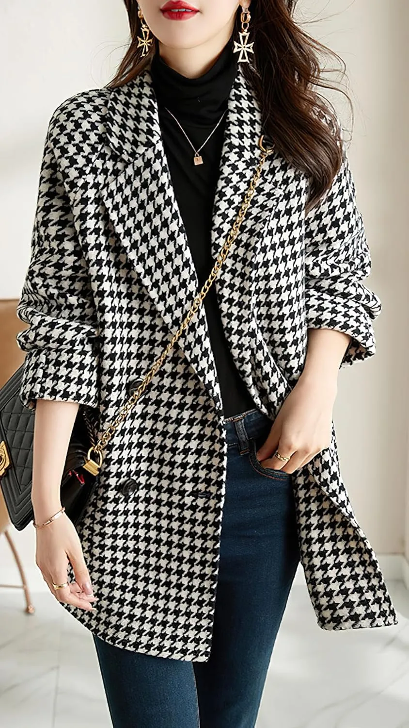 chouyatou Womens Fall Winter Casual Business Plaid Wool Coat Loose Double Breasted Dressy Blazer Pea Coat
