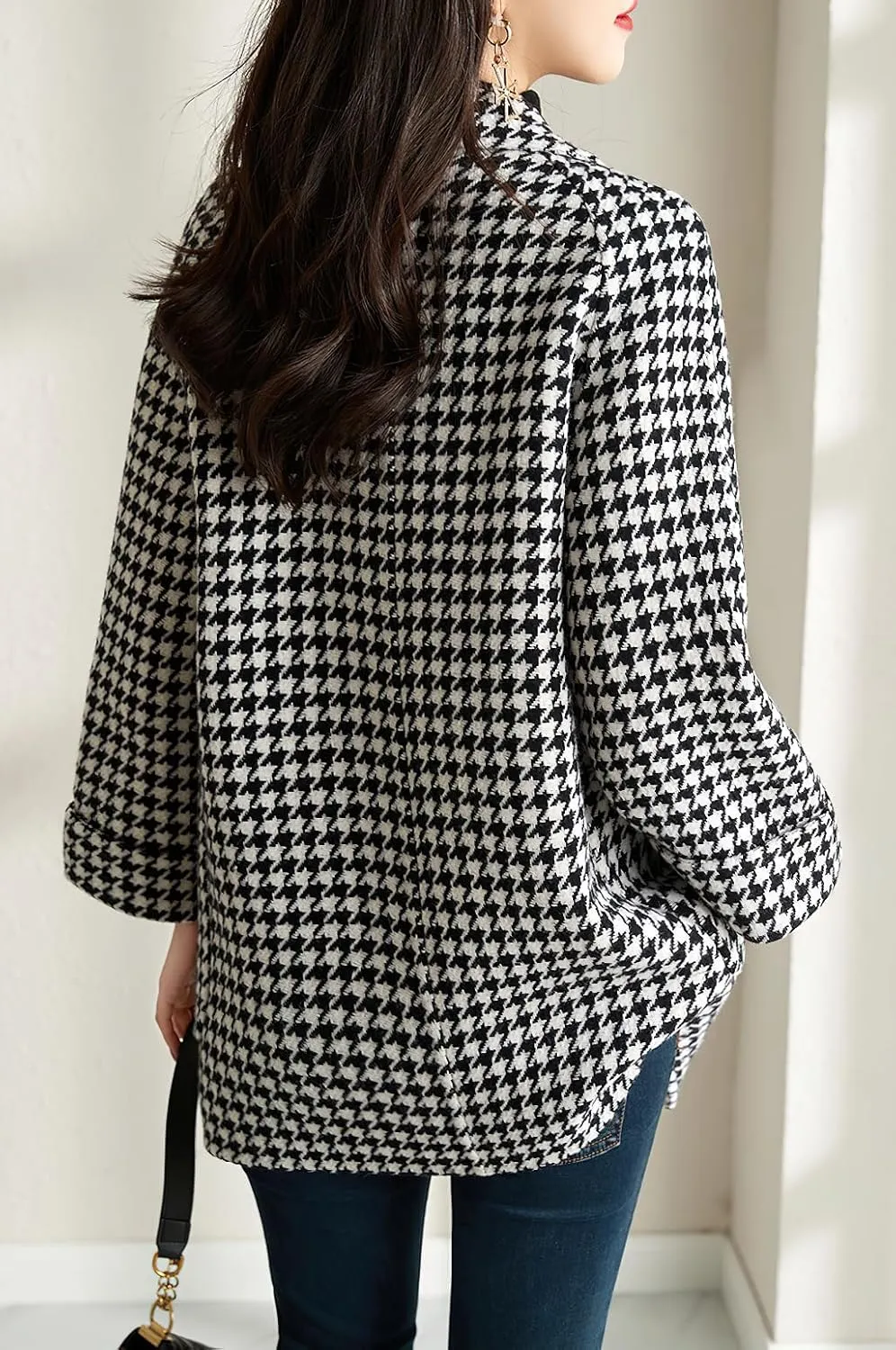 chouyatou Womens Fall Winter Casual Business Plaid Wool Coat Loose Double Breasted Dressy Blazer Pea Coat