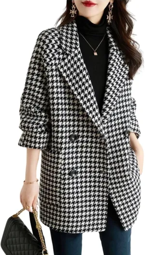 chouyatou Womens Fall Winter Casual Business Plaid Wool Coat Loose Double Breasted Dressy Blazer Pea Coat