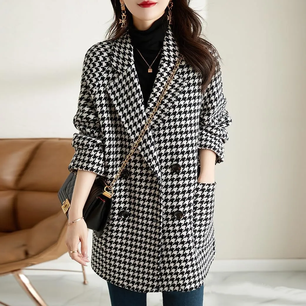 chouyatou Womens Fall Winter Casual Business Plaid Wool Coat Loose Double Breasted Dressy Blazer Pea Coat