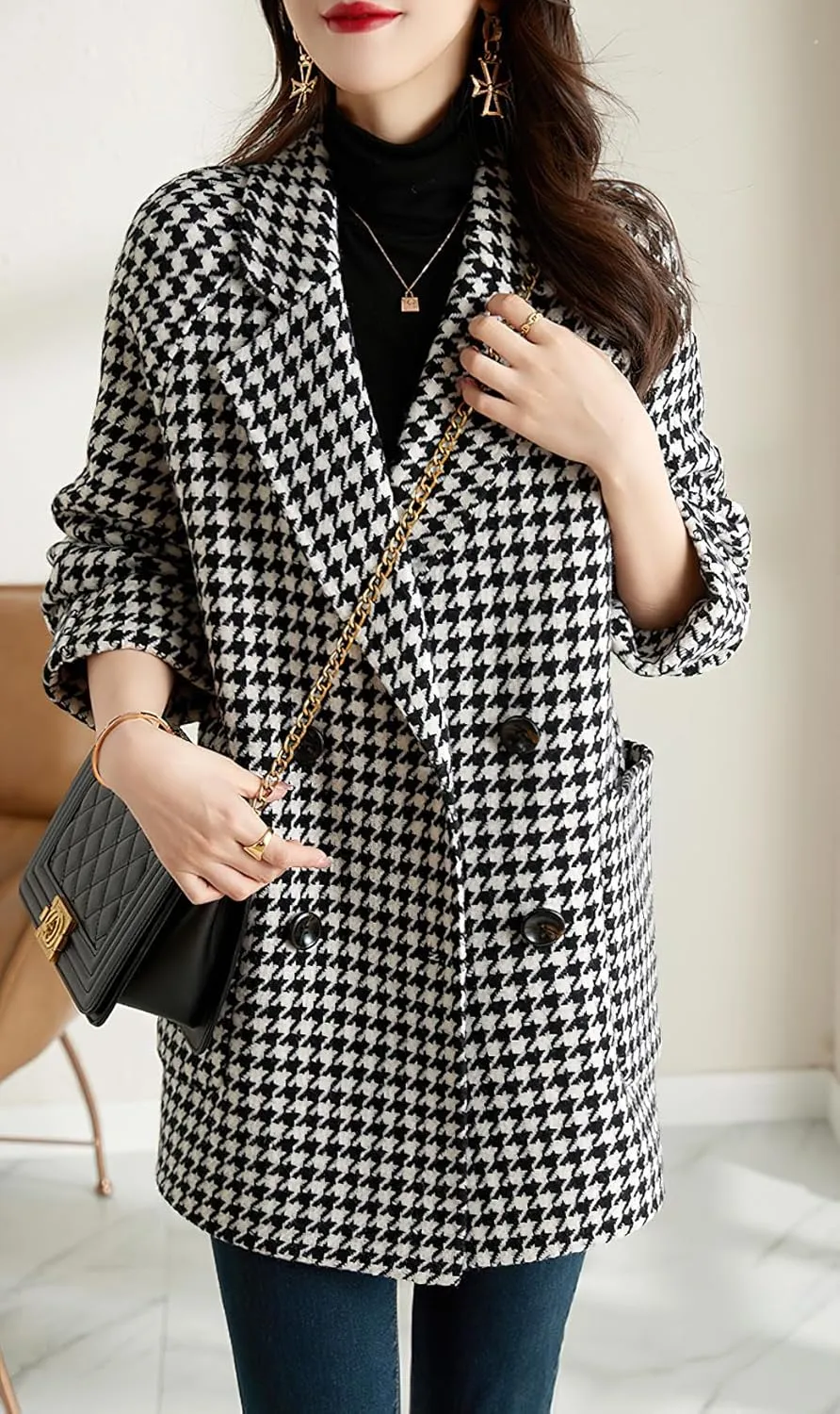 chouyatou Womens Fall Winter Casual Business Plaid Wool Coat Loose Double Breasted Dressy Blazer Pea Coat