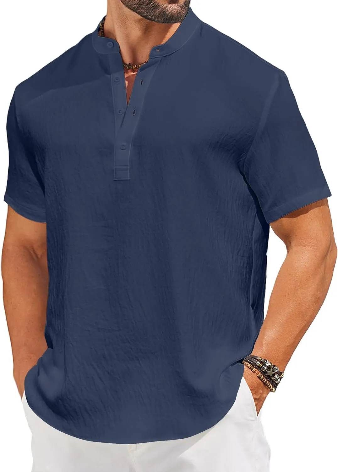 COOFANDY Men's Casual Henley Shirt Short Sleeve Linen Shirt Band Collar Summer Hippie Beach T-Shirts