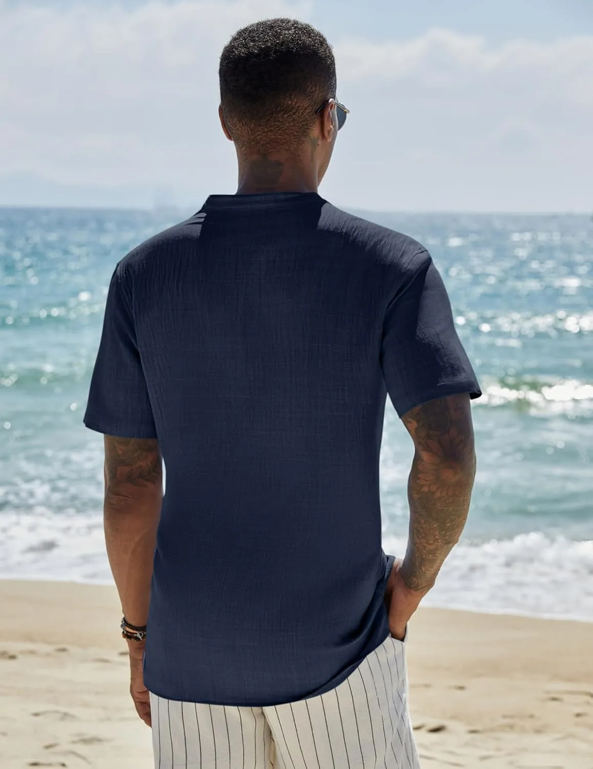COOFANDY Men's Casual Henley Shirt Short Sleeve Linen Shirt Band Collar Summer Hippie Beach T-Shirts