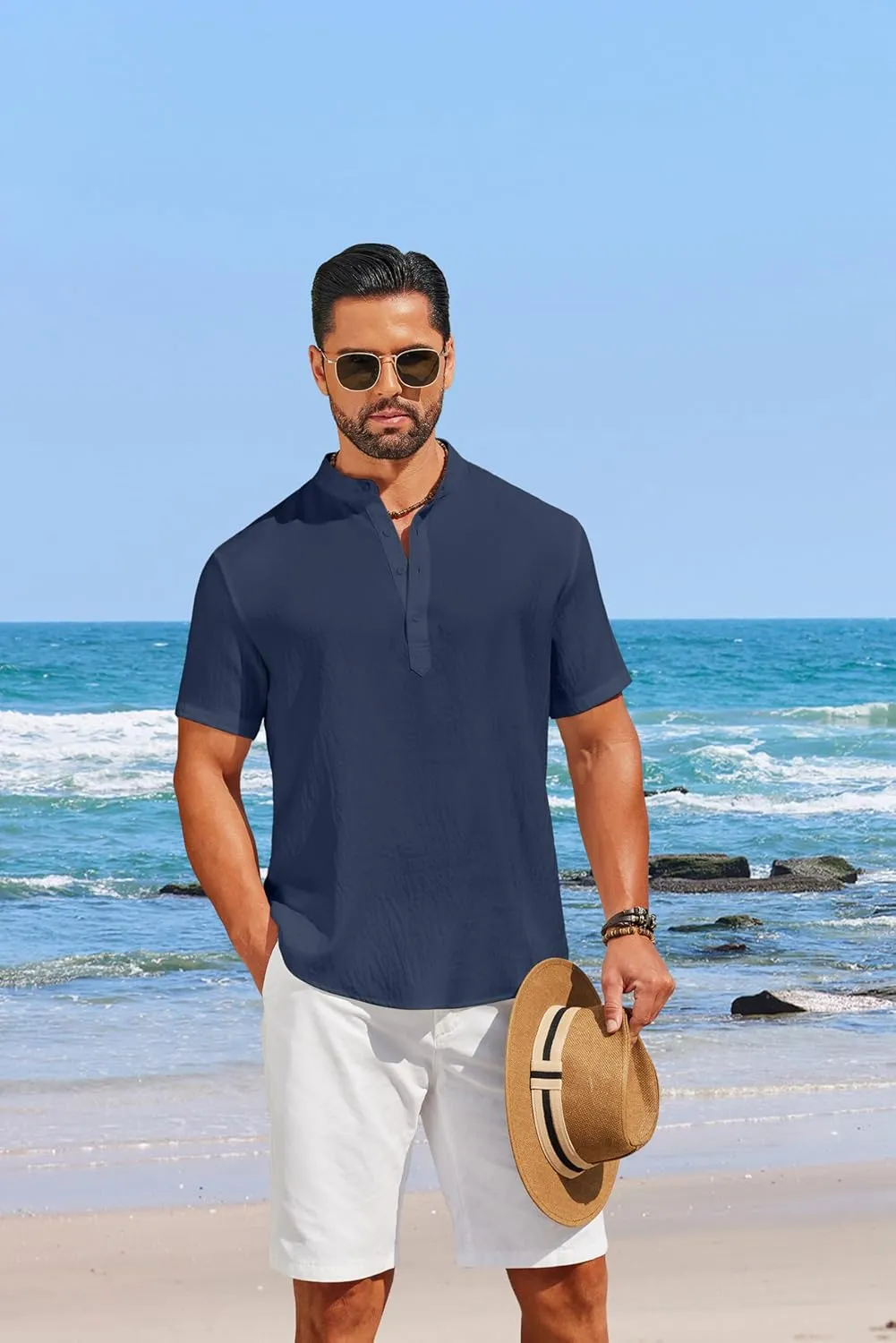 COOFANDY Men's Casual Henley Shirt Short Sleeve Linen Shirt Band Collar Summer Hippie Beach T-Shirts