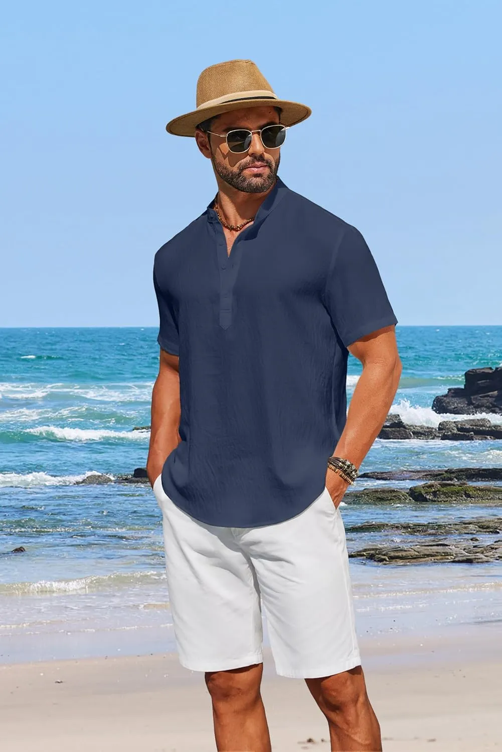COOFANDY Men's Casual Henley Shirt Short Sleeve Linen Shirt Band Collar Summer Hippie Beach T-Shirts