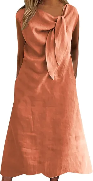 Cotton Linen Casual Dress for Women Tie Front V Neck Cap Sleeve Maxi Dress Lightweight Summer Beach Vacation Clothes