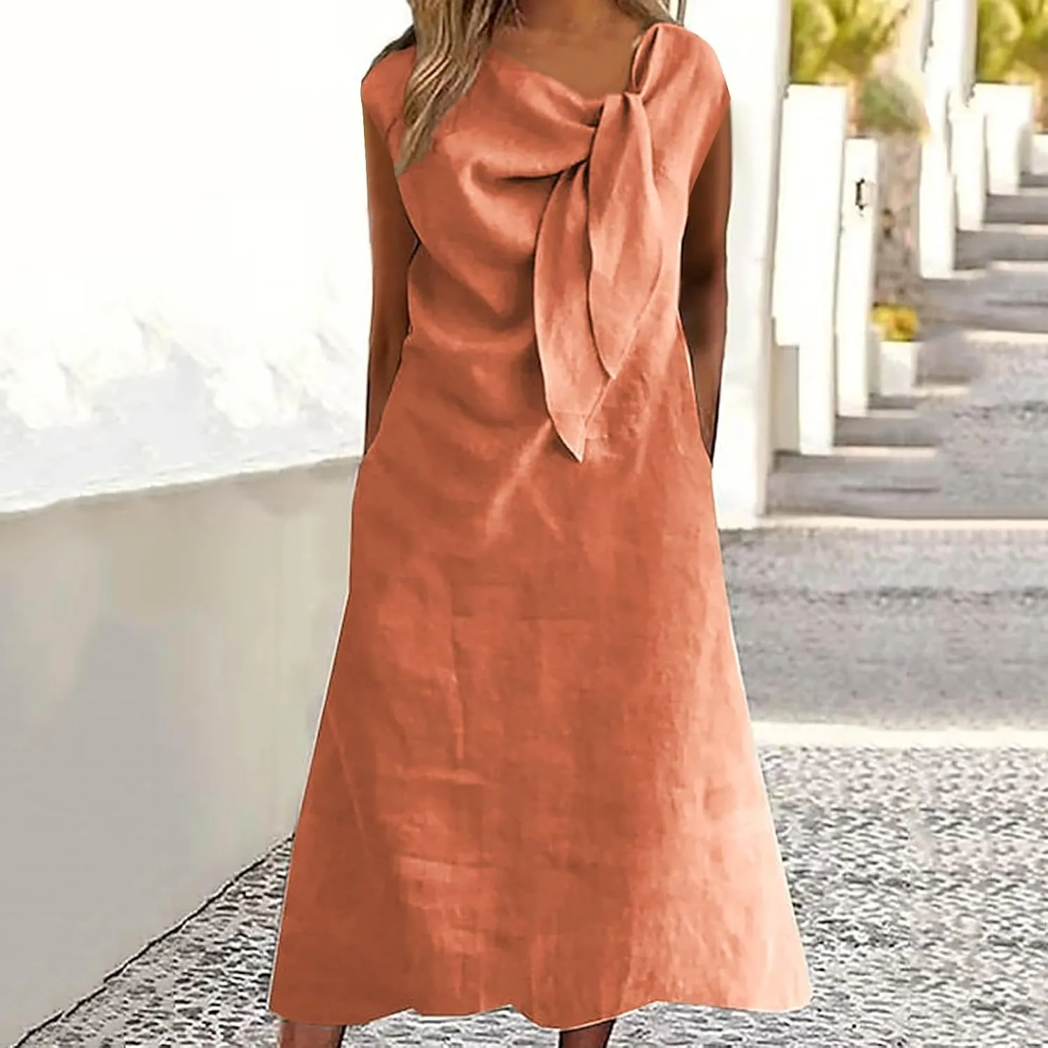 Cotton Linen Casual Dress for Women Tie Front V Neck Cap Sleeve Maxi Dress Lightweight Summer Beach Vacation Clothes
