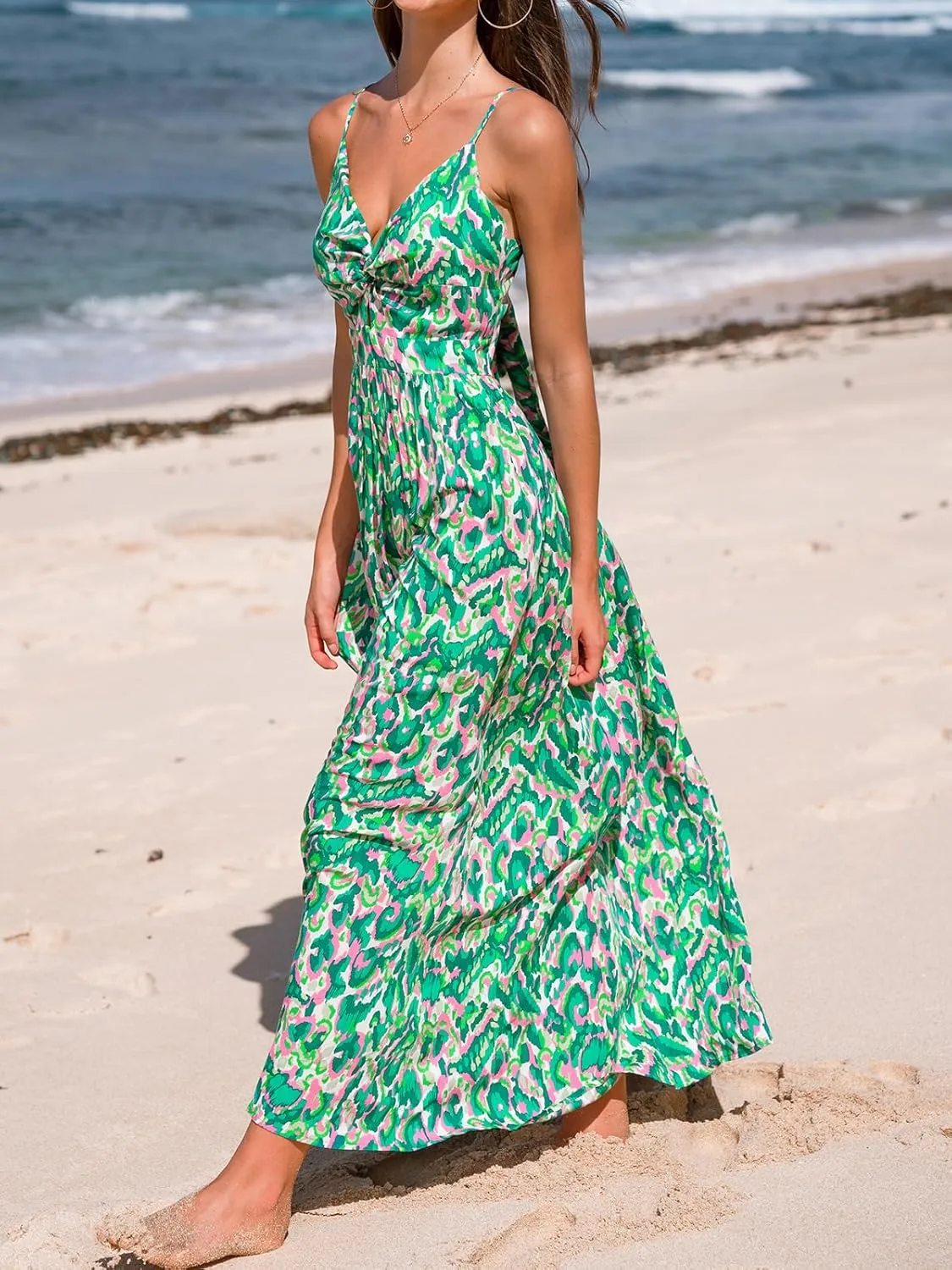 CUPSHE Women's Maxi Dress Floral Print Twisted V Neck Sleeveless Long Dress Summer Casual Dress