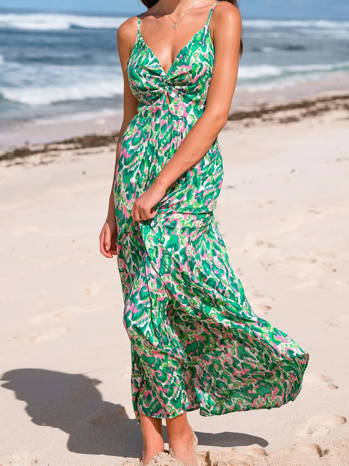 CUPSHE Women's Maxi Dress Floral Print Twisted V Neck Sleeveless Long Dress Summer Casual Dress