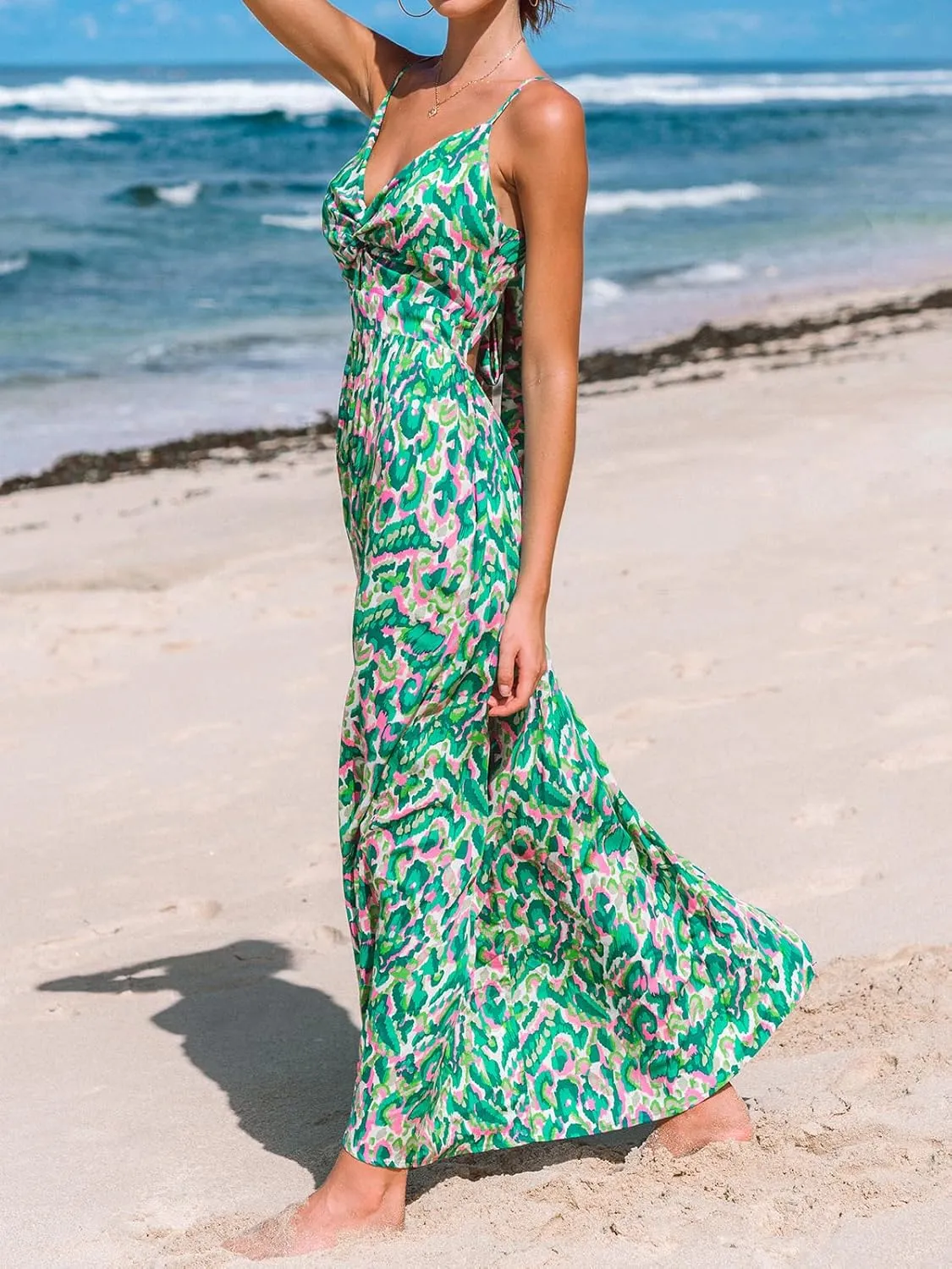 CUPSHE Women's Maxi Dress Floral Print Twisted V Neck Sleeveless Long Dress Summer Casual Dress