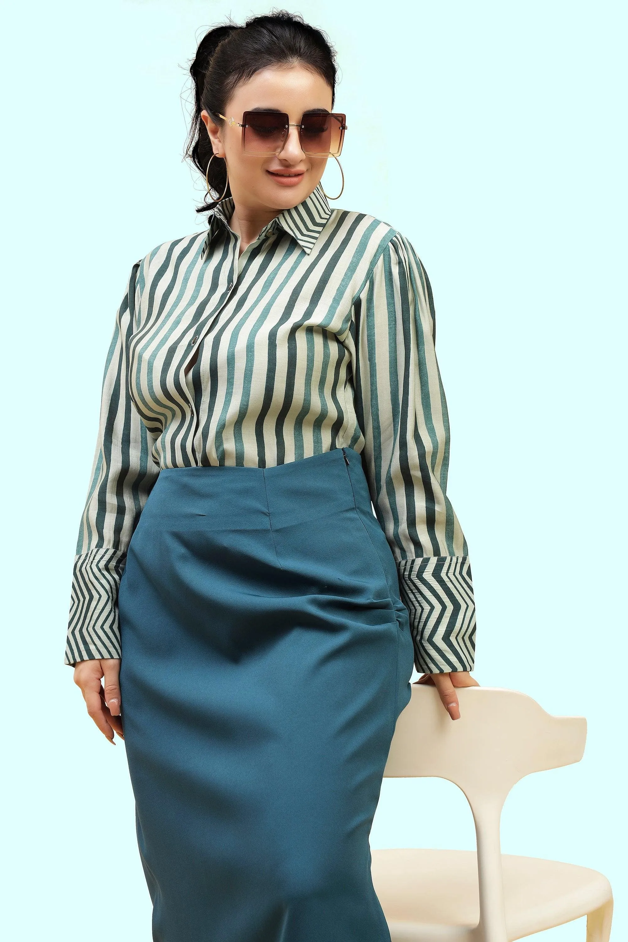 Curvy Lane Women Plus Size Striped Shirt Top and Body Con Side Slit Skirt Set