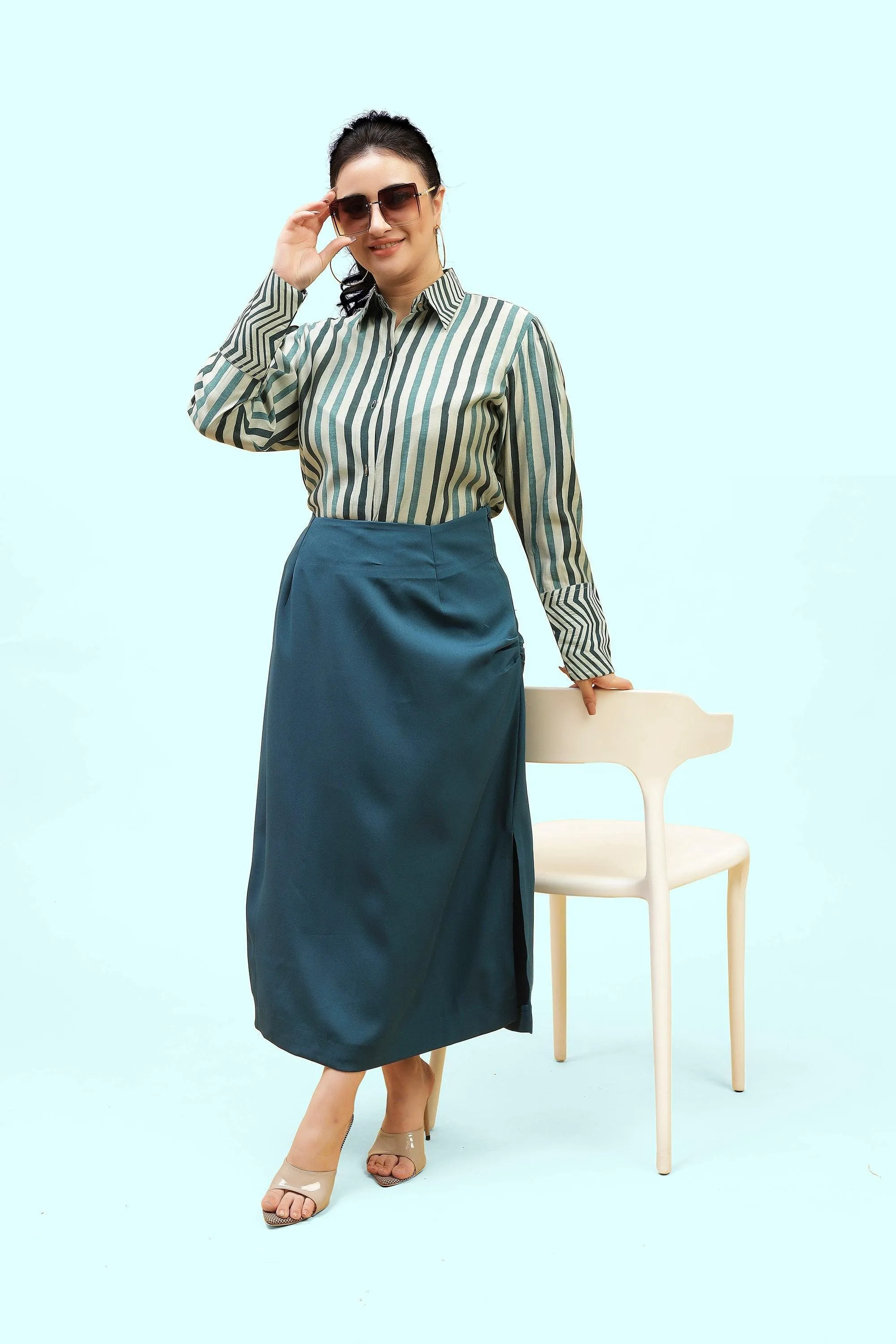 Curvy Lane Women Plus Size Striped Shirt Top and Body Con Side Slit Skirt Set