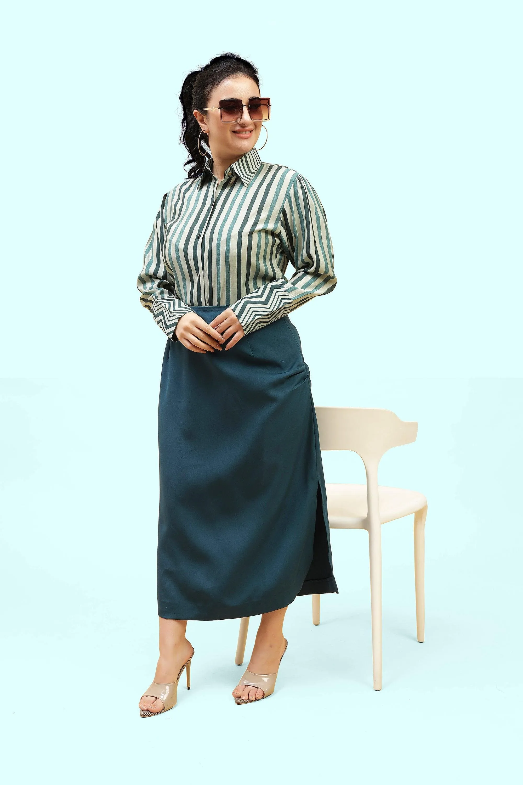 Curvy Lane Women Plus Size Striped Shirt Top and Body Con Side Slit Skirt Set