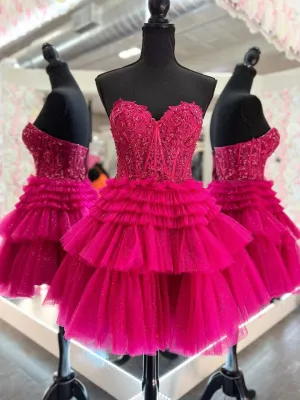 Cute Tulle Layers Short Prom Dress Lace Strapless Homecoming Dress