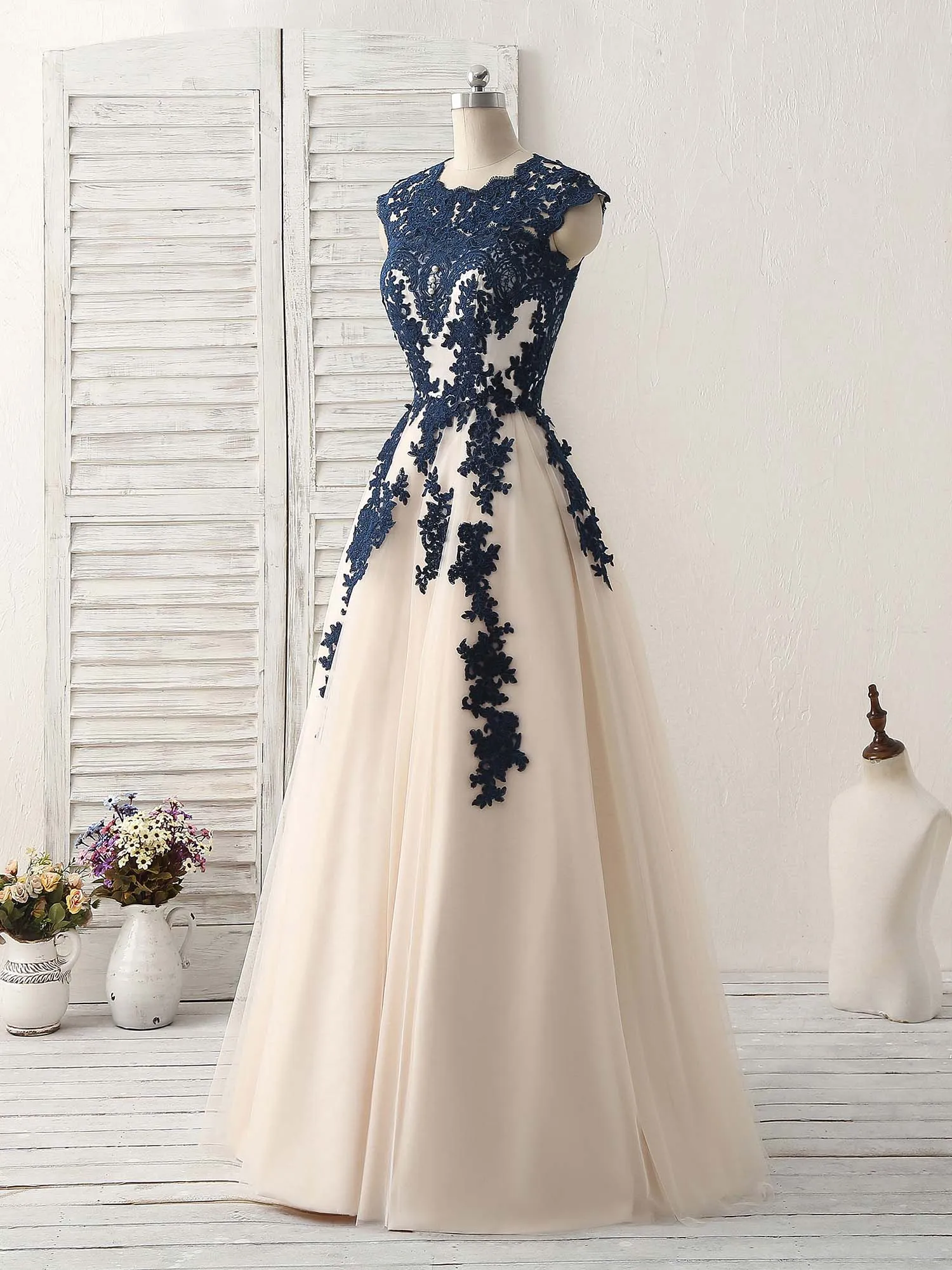 Dark Blue Lace Applique Tulle Long Prom Dress Blue Bridesmaid Dress